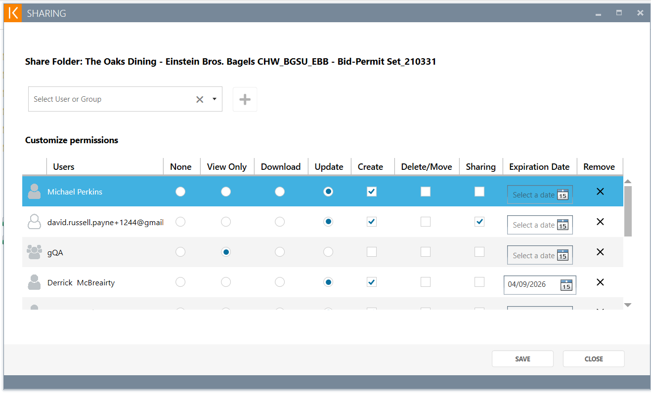 Kenesto sharing permissions panel — set View Only, Download, Update, Create, Delete/Move, and Sharing access per user, with expiration dates